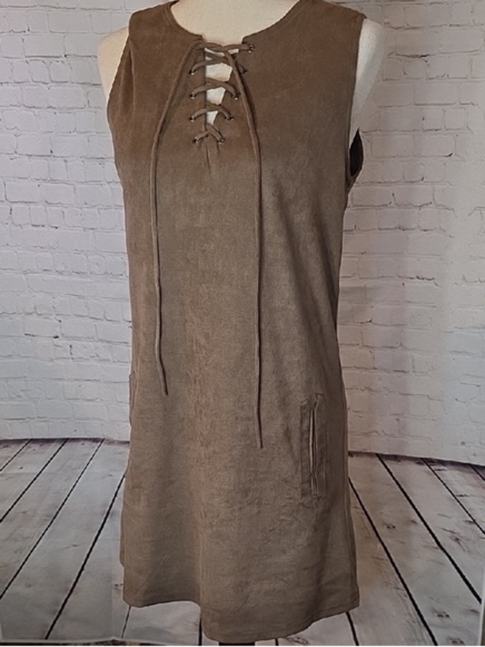 Smell the Roses Suede-Look Taupe Lace-Up Midi Dress